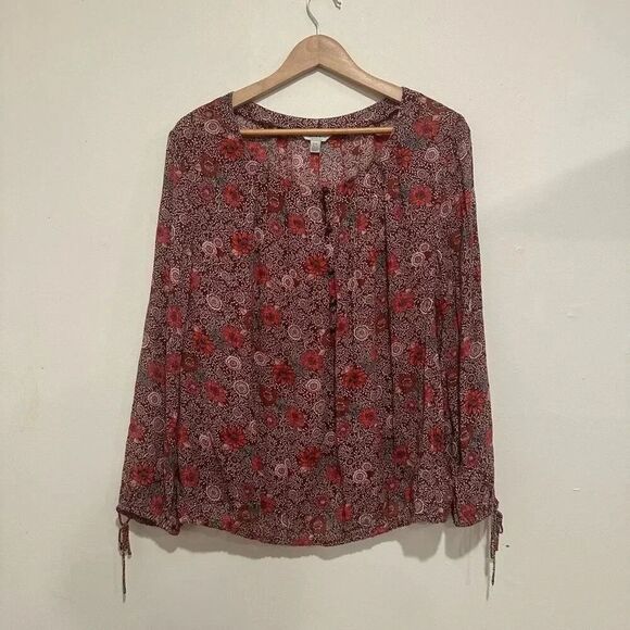 Lucky Brand Floral Long Sleeve Burgundy Size Large - Picture 1 of 3